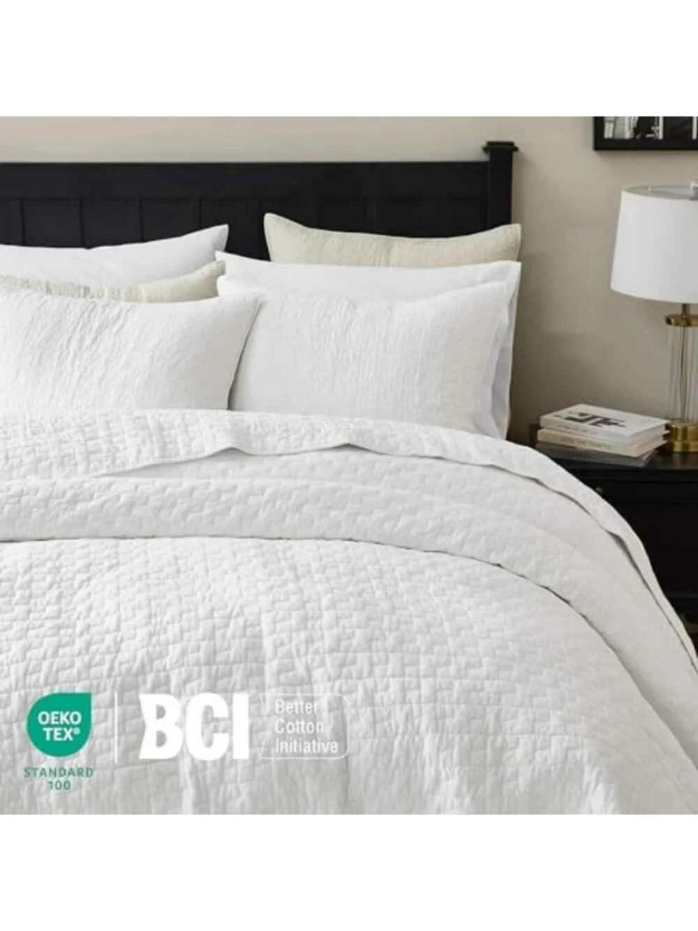 King Size White Cotton Quilt Set with 2 Pillow Shams - Soft Lightweight Coverlet